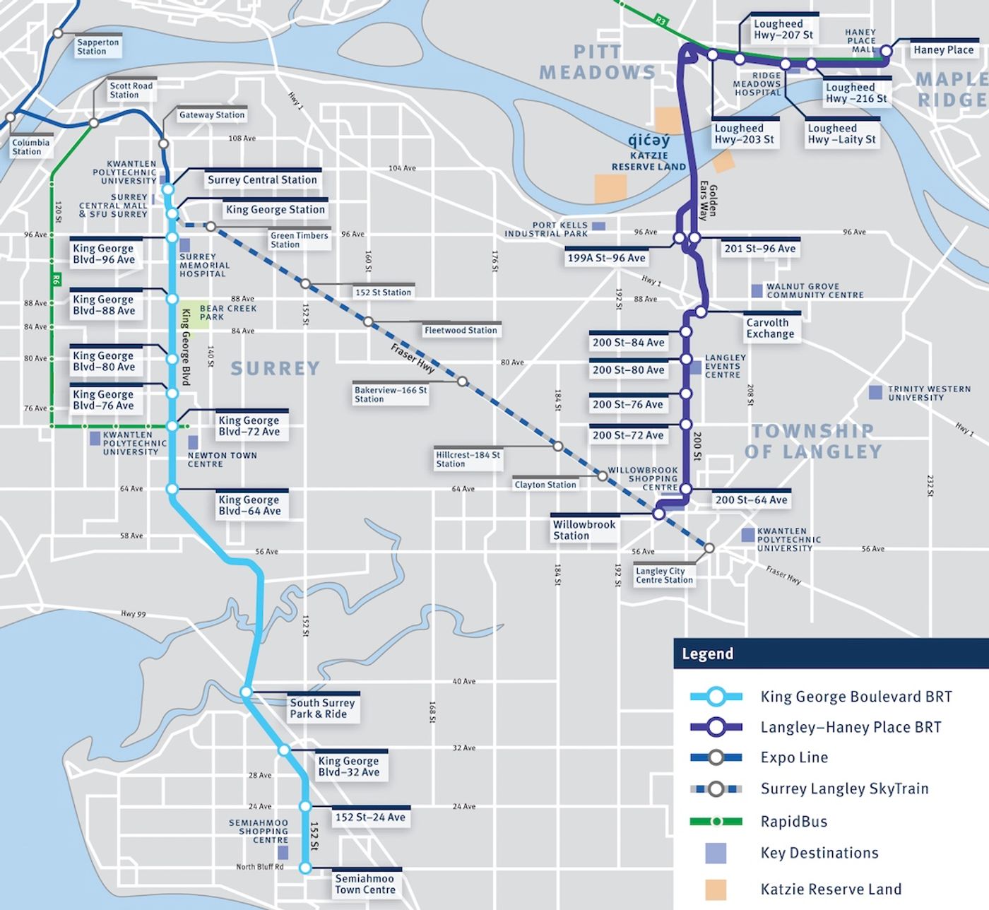 King George Boulevard·Langley-Haney Place BRT 노선·정류장 지도 (2026년 1월). (TransLink)