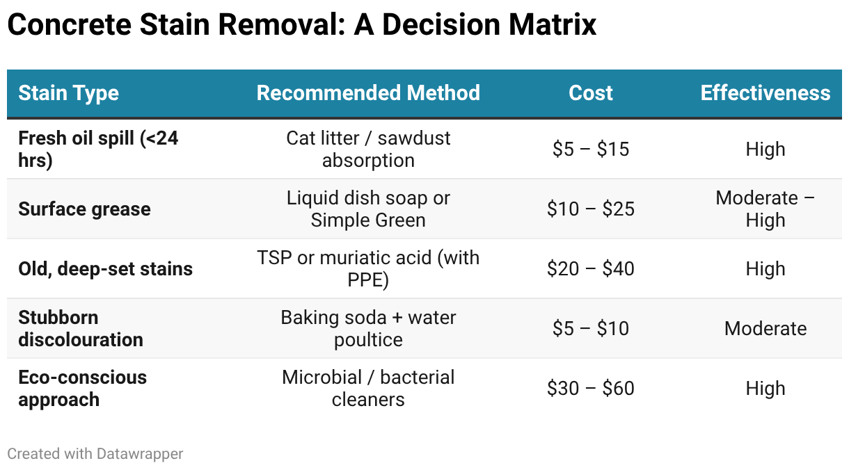 콘크리트 얼룩별 처리 매트릭스 — Concrete Stain Removal Decision Matrix