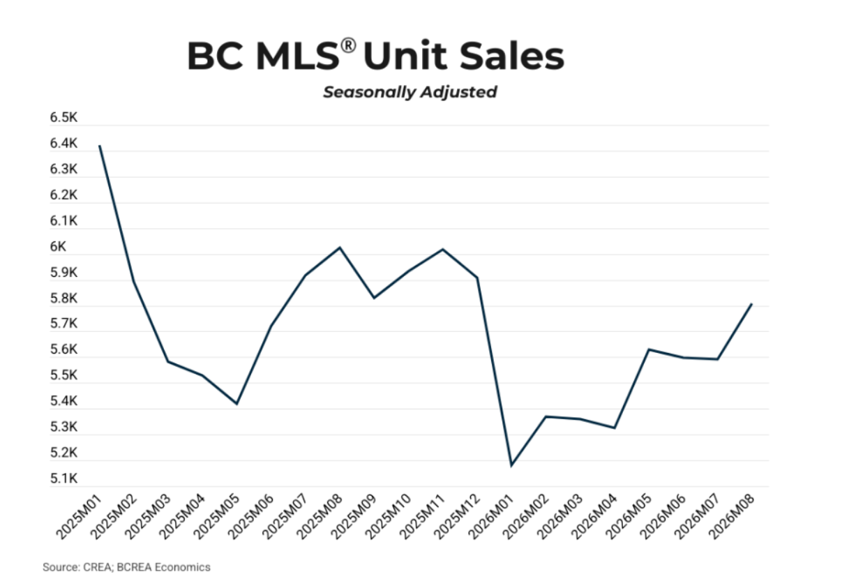 BC주 MLS 거래 건수(계절조정) 추이 — 2026년 1월 5,150건 저점 이후 8월 5,780건까지 회복. 자료: CREA·BCREA Economics