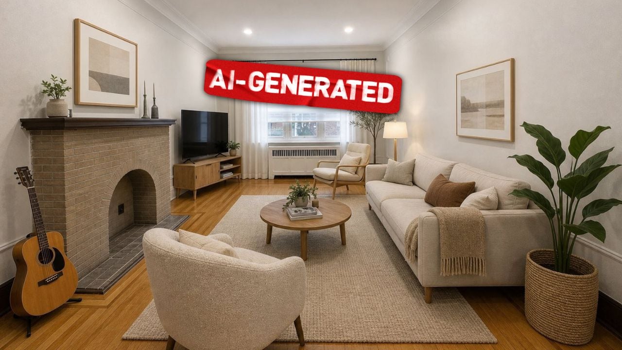 AI로 생성된 매물 거실 사진에 'AI-GENERATED' 고지가 붙어 있다