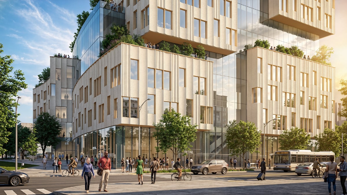 젱가 블록처럼 쌓아 올린 서리 다운타운 SFU 의대 건물 조감도(Stantec·Revery Architecture 제공)